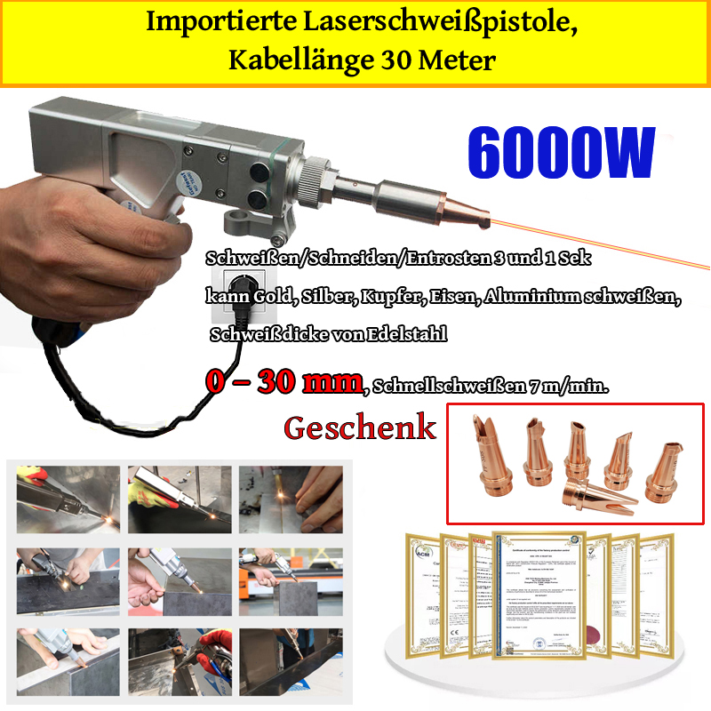 6000 W Multifunktions-Laserpistole (Schweißen von Gold/Silber/Kupfer/Eisen/Aluminium/Edelstahl), Schweißdicke 0 – 30 mm (Schweißen/Schneiden/Steinentfernung 3 in 1) – 26000 Fuß