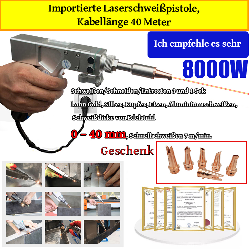 8000 W Multifunktions-Laserpistole (Schweißen von Gold/Silber/Kupfer/Eisen/Aluminium/Edelstahl) Schweißdicke 0 – 40 mm (Schweißen/Schneiden/Steinentfernung 3 in 1) – 27000 Fuß